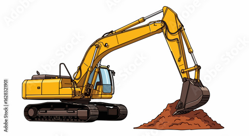 Comic style yellow hydraulic excavator with an articulated arm digging a pile of brown earth.