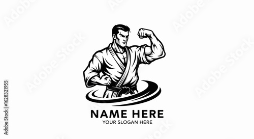 Determined martial artist in a gi flexing his bicep, black and white logo style.