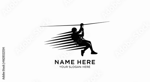 Dynamic black silhouette of a person in a helmet and harness riding a zipline with speed lines.