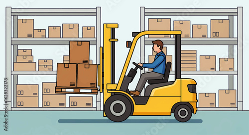 A forklift operator managing inventory in a warehouse, stacking cardboard boxes on shelves. A concept of logistics and distribution.