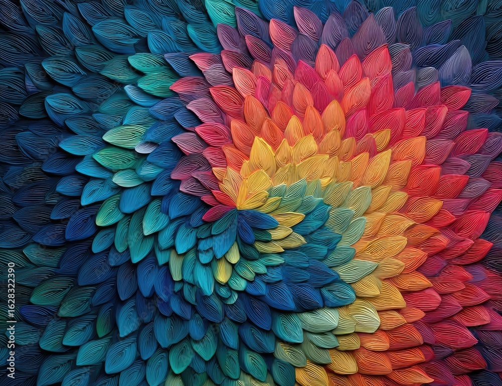 Obraz premium Abstract art, swirling pattern of layered, colorful, leaf-like shapes