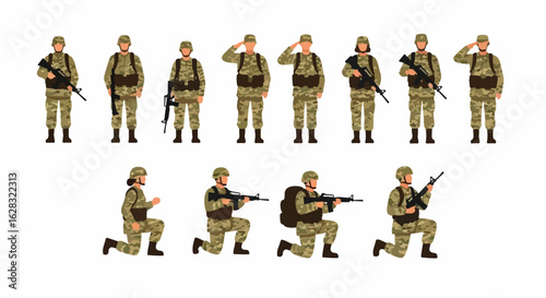 Flat vector illustration set of soldiers in camouflage uniforms, standing, kneeling, and saluting with rifles.