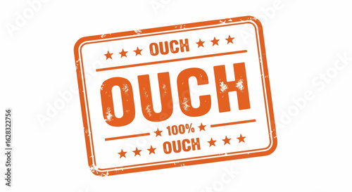 Orange grunge rubber stamp with the word 'Ouch', stars, and a distressed texture.