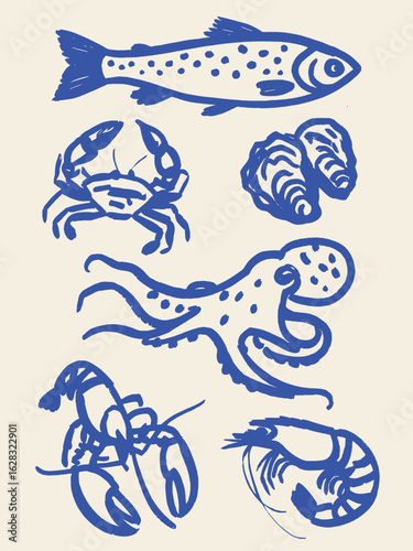 Seafood animals hand drawn sketch vector illustration