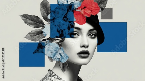 Stylish woman portrait with floral geometric design