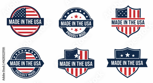 Set of six 'Made in the USA' patriotic badges in circular and shield shapes, featuring American flag stars and stripes.