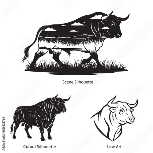 Three Unique Bull Art Designs with a Field Scene and Bold Line Art