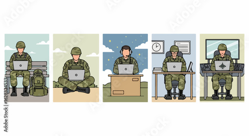 Illustrated set of a soldier in camouflage uniform using a laptop in various settings, from outdoors to an office.