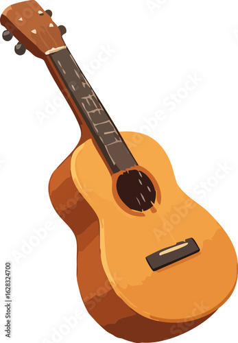 This is a digital illustration of an acoustic guitar with a warm wooden texture and a visible sound hole, presented in a stylized and angled view.