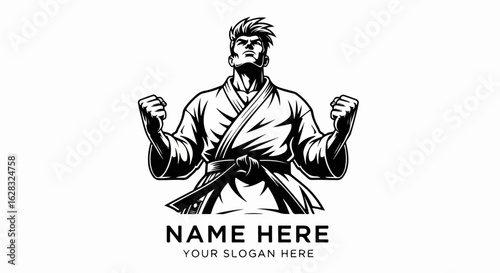 Powerful martial artist in a gi with a black belt, flexing with clenched fists in a monochrome vector style.