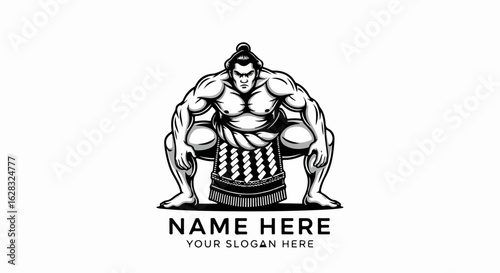 Powerful sumo wrestler in a squatting stance, a fierce black and white graphic illustration with a traditional topknot hairstyle.