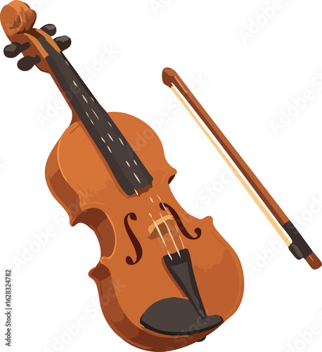 This is an illustration of a classic wooden violin with a bow placed beside it, shown in a warm, detailed style.