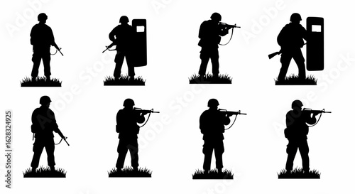 Set of eight armed soldier silhouettes in tactical combat poses with rifles and riot shields.