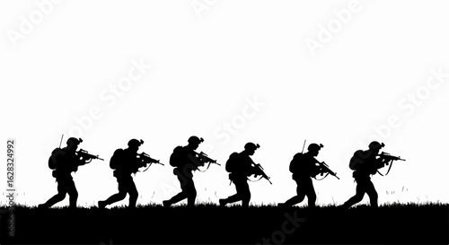 Silhouette of a military squad on patrol, marching in a line with rifles and full combat gear.