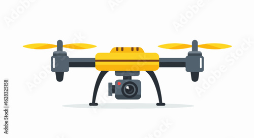 Yellow and grey quadcopter drone with a camera, front view flat design illustration.
