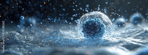 Cell in a liquid medium, surrounded by water droplets