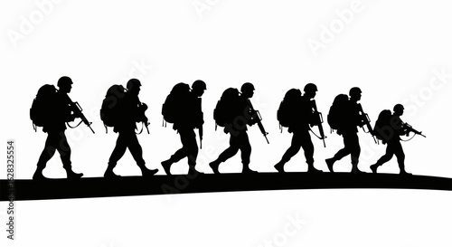 Black silhouette of a military patrol marching in single file with rifles and large backpacks.