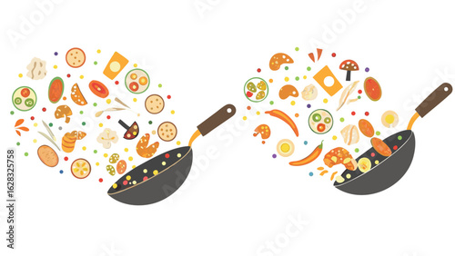 Two woks with vegetables and shrimp being tossed in the air on a white background illustration