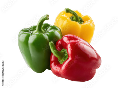 Green red yellow bell peppers with water droplets image, Isolated, Png Transparent Background