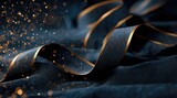 Dark navy blue ribbon, gold trim, swirling,  on textured fabric,  sparkle