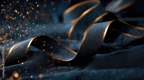 Dark navy blue ribbon, gold trim, swirling,  on textured fabric,  sparkle