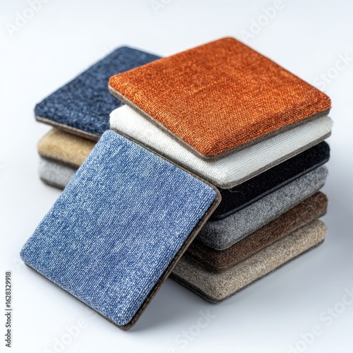 Stacked square carpet samples in various colors