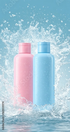 Two pastel-colored plastic bottles, pink and light blue, are positioned amidst a splash of water
