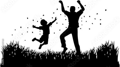 Silhouette of a father and son jumping in the air surrounded by leaves over grass on a white background