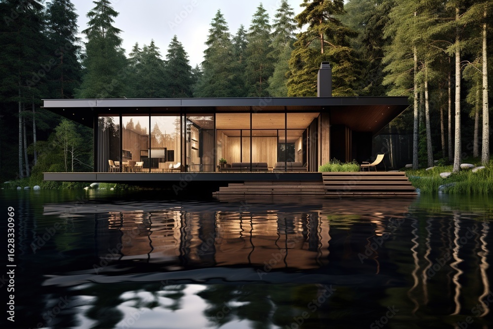 Obraz premium minimalistic design Awesome design of modern concrete house in a beautiful nature scenery near lake