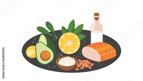 Illustration of a plate with avocado lemon rice bottle and meat for healthy food presentation style