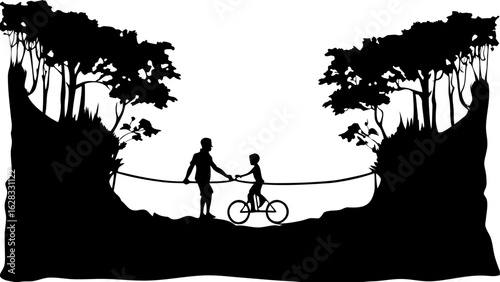 Silhouette of father helping child on bicycle across rope bridge between forest cliffs in monochrome art