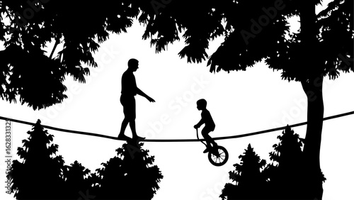Silhouette of a man and a boy on a unicycle on a rope between trees in a black and white composition