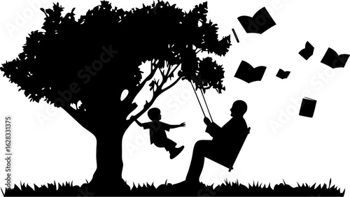 Silhouette of a tree with a swing, a child swinging, an adult on the swing and flying books around it