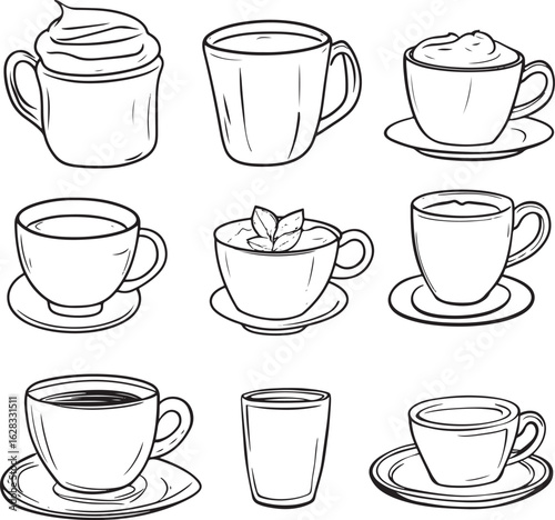 set of doodle drawing of cups and mugs