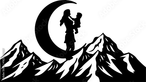 Silhouette of a mother holding child in crescent moon above mountain range with snow capped peaks view
