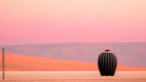 Ultra-minimalist desert landscape featuring cactus silhouette in sharp focus, vibrant gradient sky in pink and orange hues captured with 200mm lens and shallow depth of field