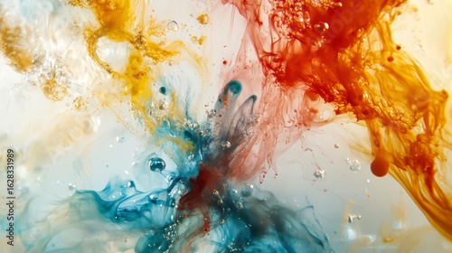 Colorful painting of water droplets with a blue and red swirl