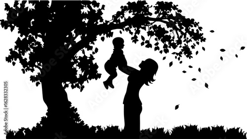 Silhouette of mother holding baby under a tree with falling leaves in a monochrome black and white scene