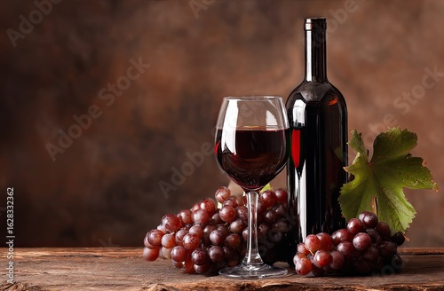 Red wine, glass, bottle, and grapes on rustic wooden table