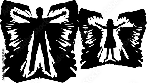 Silhouette figures with outstretched arms and wings in black and white illustration style artwork design