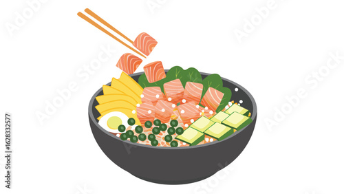 Illustration of a poke bowl with salmon avocado mango peas and spinach with chopsticks on top