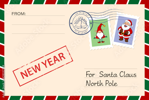 Christmas surprise letter, child postcard with north pole postmark cachet. Postcard, letter, leaflet. Flat vector illustration.