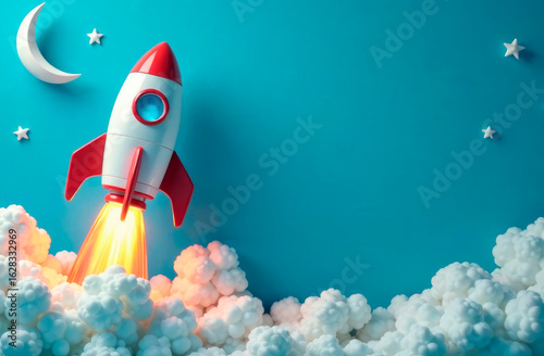 rocket toy is launching on blue background with clouds and stars, with copy space. Education concept, to successful goal target