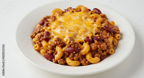 Wallpaper Mural A serving of chili mac with ground beef and shredded cheese, slightly melted, on a white dish, isolated with soft shadows on white background Torontodigital.ca