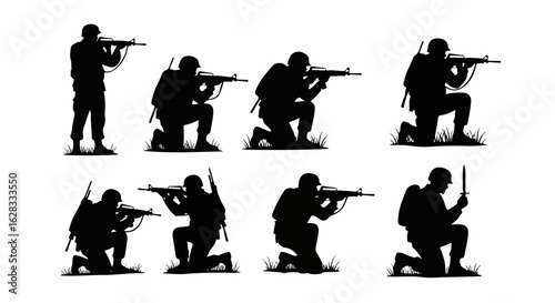 Set of black military soldier silhouettes in various combat poses, aiming rifles, standing, and kneeling.