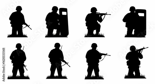 Set of eight black military soldier silhouettes in various combat poses with rifles and shields.