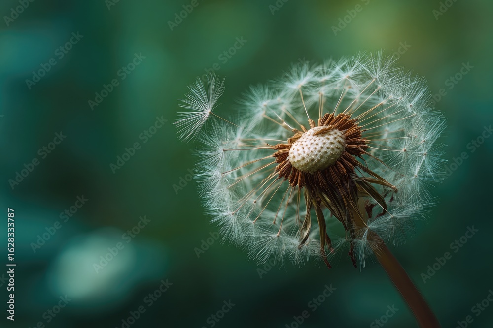 Fototapeta premium A dandelion seed head, light and airy, floats on a gentle breeze against a soft teal and green bokeh background
