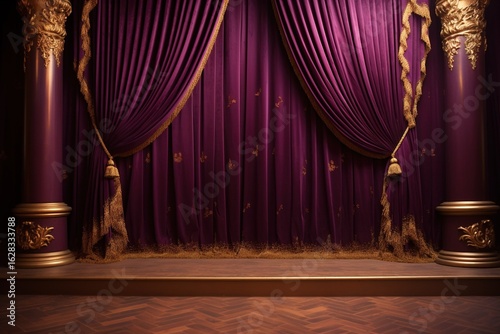 purple golden Curtain Stage wedding background. on Red Carpet Luxury Background