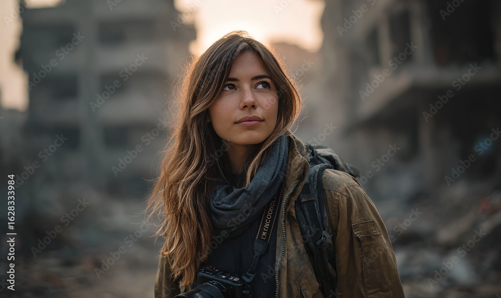 Fototapeta premium Compelling portrait of a determined female journalist or aid worker, wearing practical outdoor gear and a camera, standing in a background of crumbling buildings