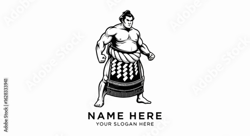 A powerful Japanese sumo wrestler in a ready stance, a black and white vector illustration with a chonmage topknot and patterned mawashi.